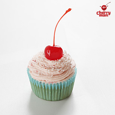 Pink cherry cream cheese frosting on a vanilla cupcake