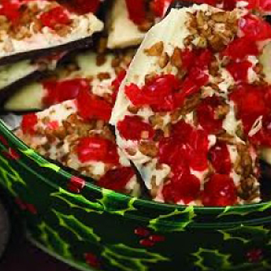 holiday tin filled with chocolate cherry bark 