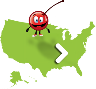 CherryMan character with arms open standing on USA map